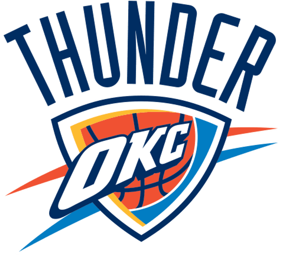 Oklahoma City Thunder 籃球隊標誌 壁紙 — 大膽的藍色OKC雷霆標誌，帶有籃球設計和動態紅藍條紋，背景為黑色。