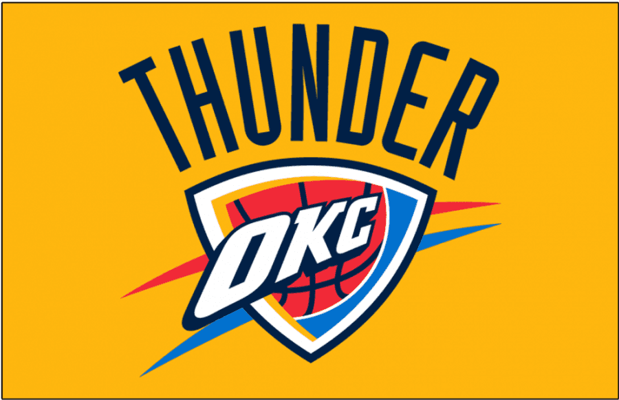 Oklahoma City Thunder 標誌 壁紙 — 大膽的奧克拉荷馬城雷霆隊標誌，帶有紅、藍、白配色，襯以鮮黃色背景。