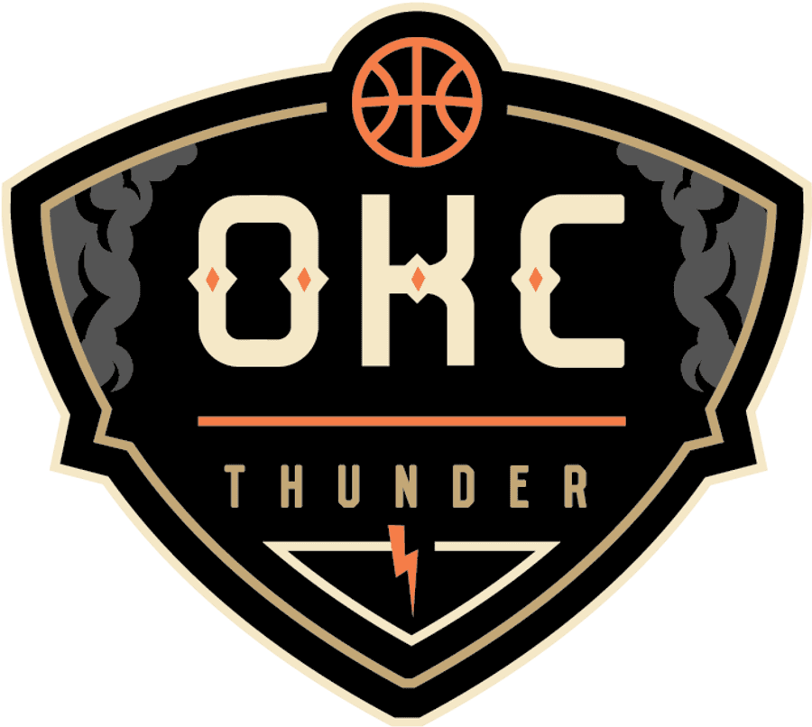Oklahoma City Thunder 標誌 壁紙 — 一個大膽的奧克拉荷馬城雷霆隊標誌，在風格化的字母上方有一個籃球，並帶有閃電圖案。