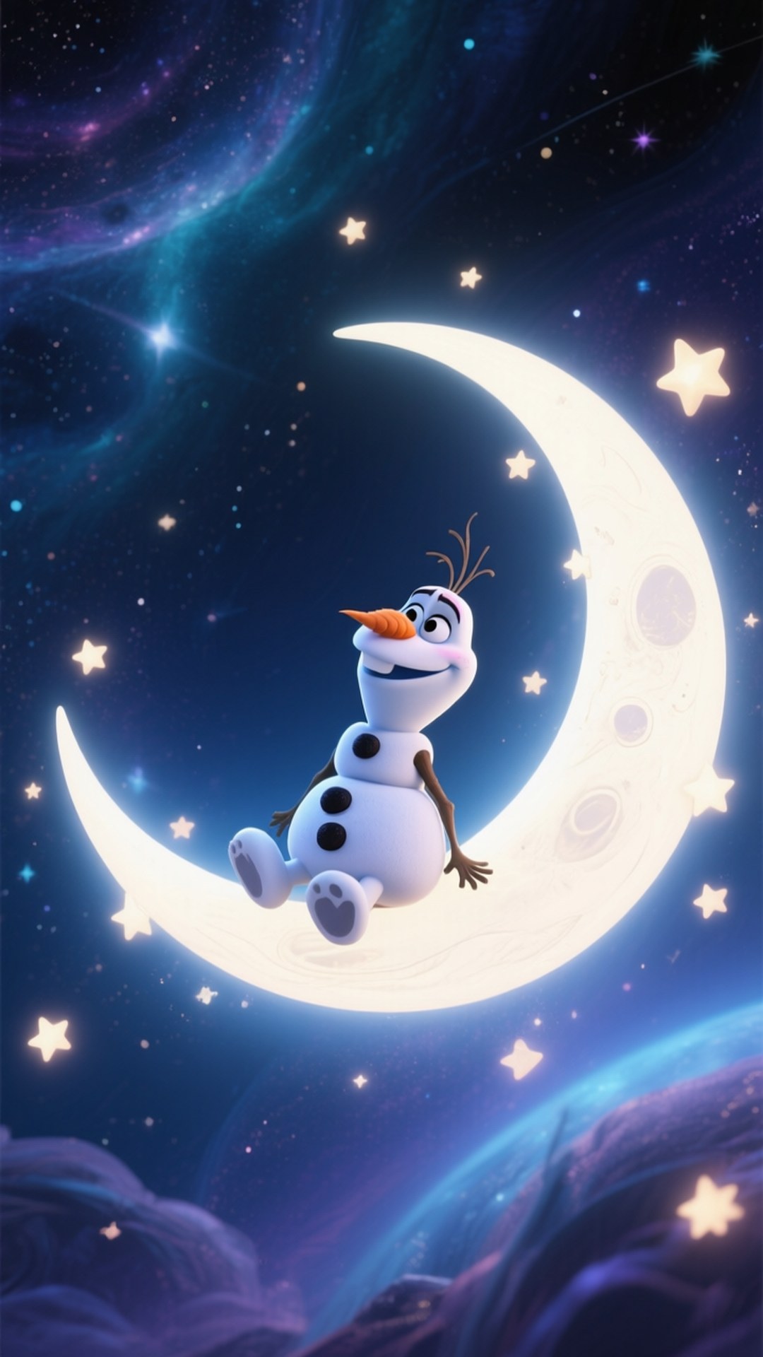 雪人奧拉夫坐在星空中的彎月上，周圍有彩色星雲