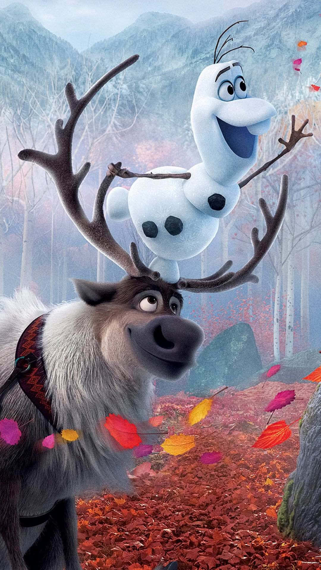  壁紙 — 雪人奧拉夫開心地騎在馴鹿斯文背上，穿過落葉紛飛的秋日森林。