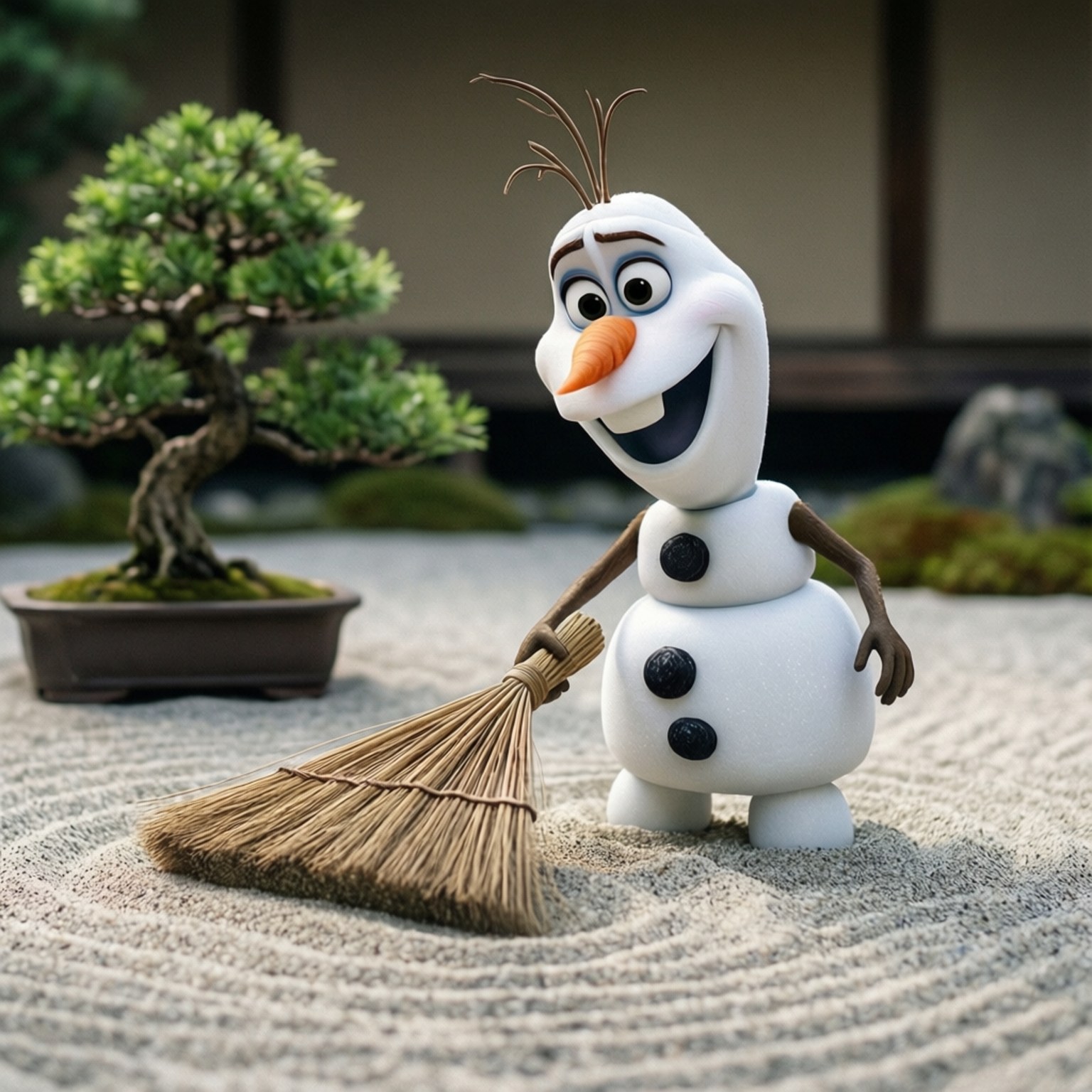 雪人在日本花園裡掃沙子，旁邊有盆景樹