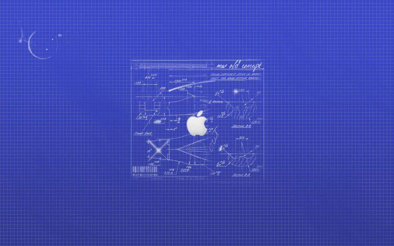 Apple標誌在帶有圖紙和手寫筆記的技術藍圖上。