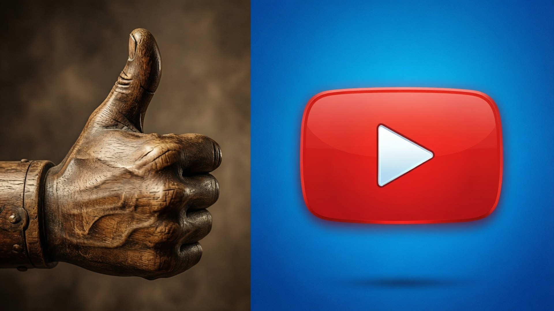 青銅雕像的手在YouTube播放按鈕圖標旁邊豎起大拇指。