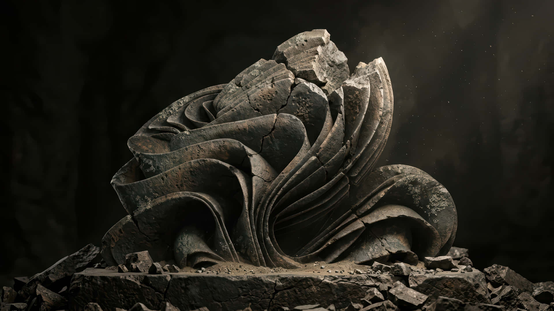 Old stone Bloom modded wallpaper for desktop Enhancement, 壁紙 — 一個戲劇性的抽象石雕，帶有漩渦狀層疊形態和裂紋紋理，從瓦礫中浮現，背景昏暗。
