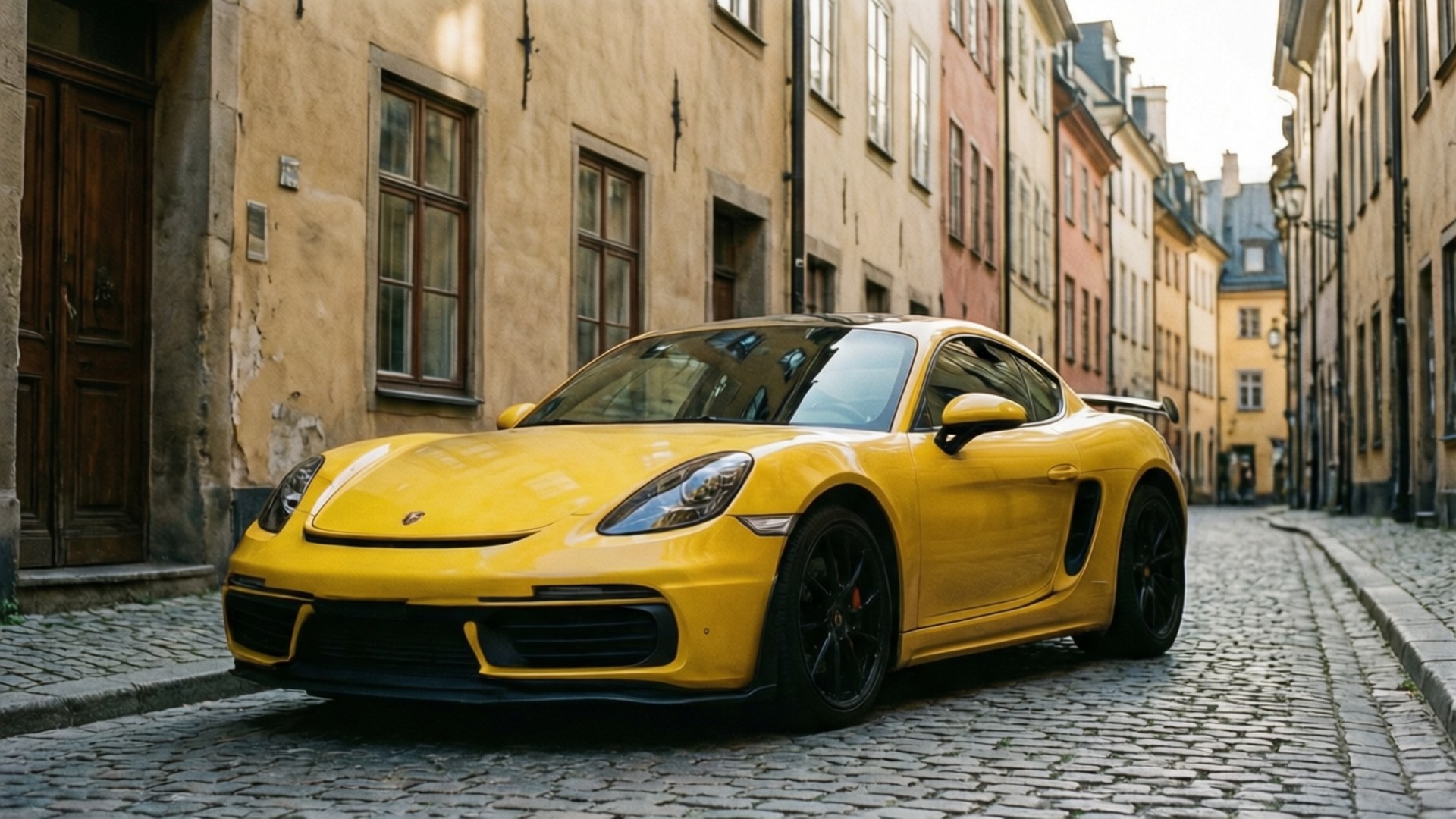 黃色保時捷Cayman GT4停泊在狹窄的鵝卵石街道上，旁邊有歷史建築。