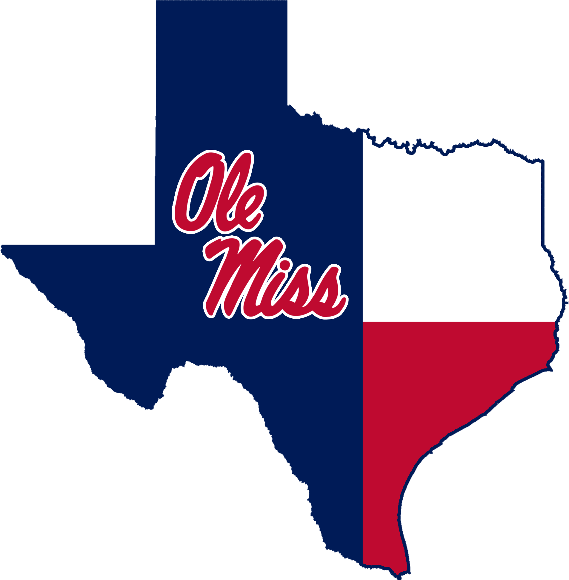 德州與Ole Miss 混搭圖案 壁紙 — 德克薩斯州輪廓填充德州旗幟顏色，並以紅色草書顯示「Ole Miss」文字。