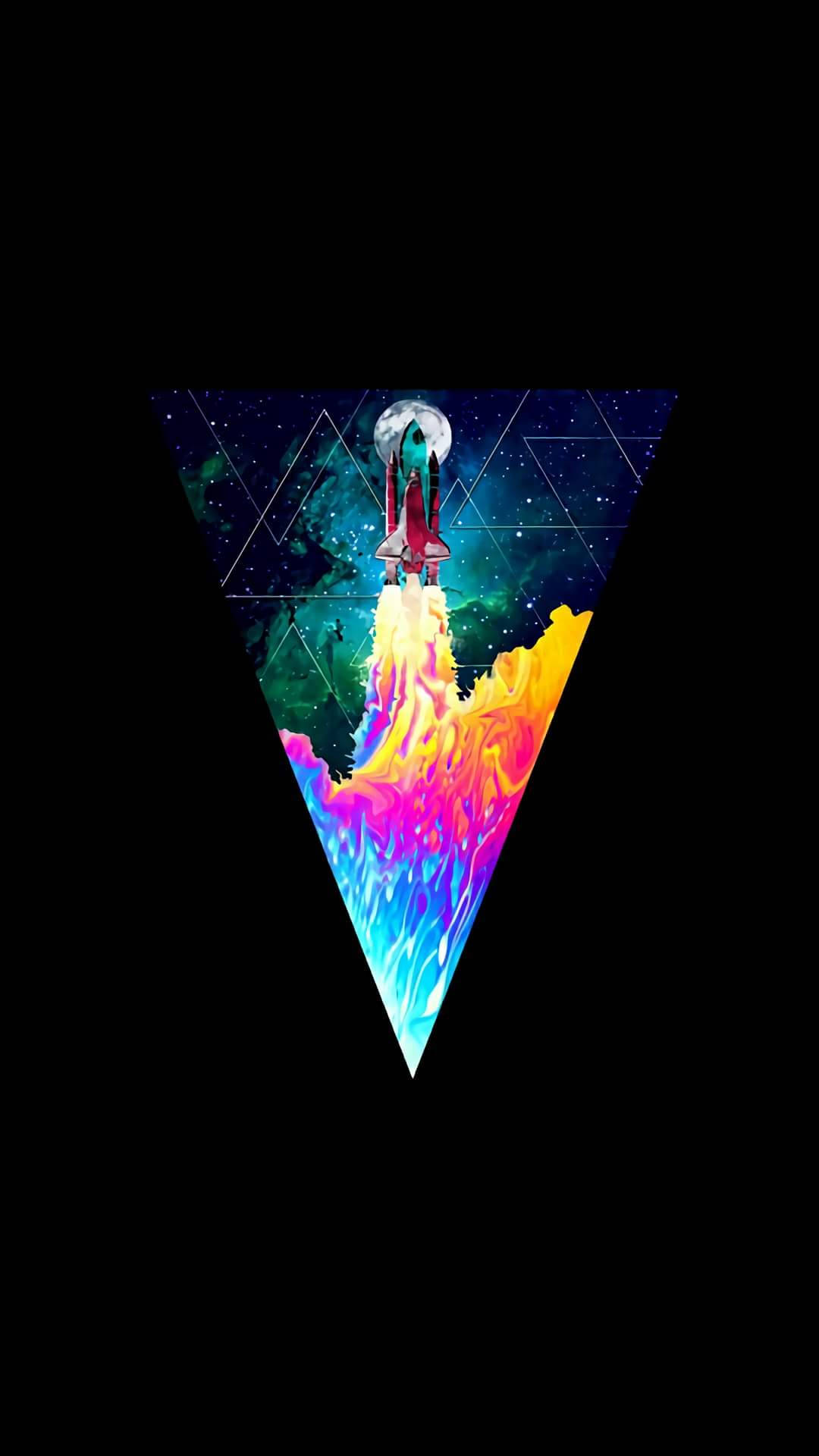 OLED 太空火箭 壁紙 — 火箭從充滿活力的彩虹山發射，進入由幾何三角形框住的星空宇宙天空。