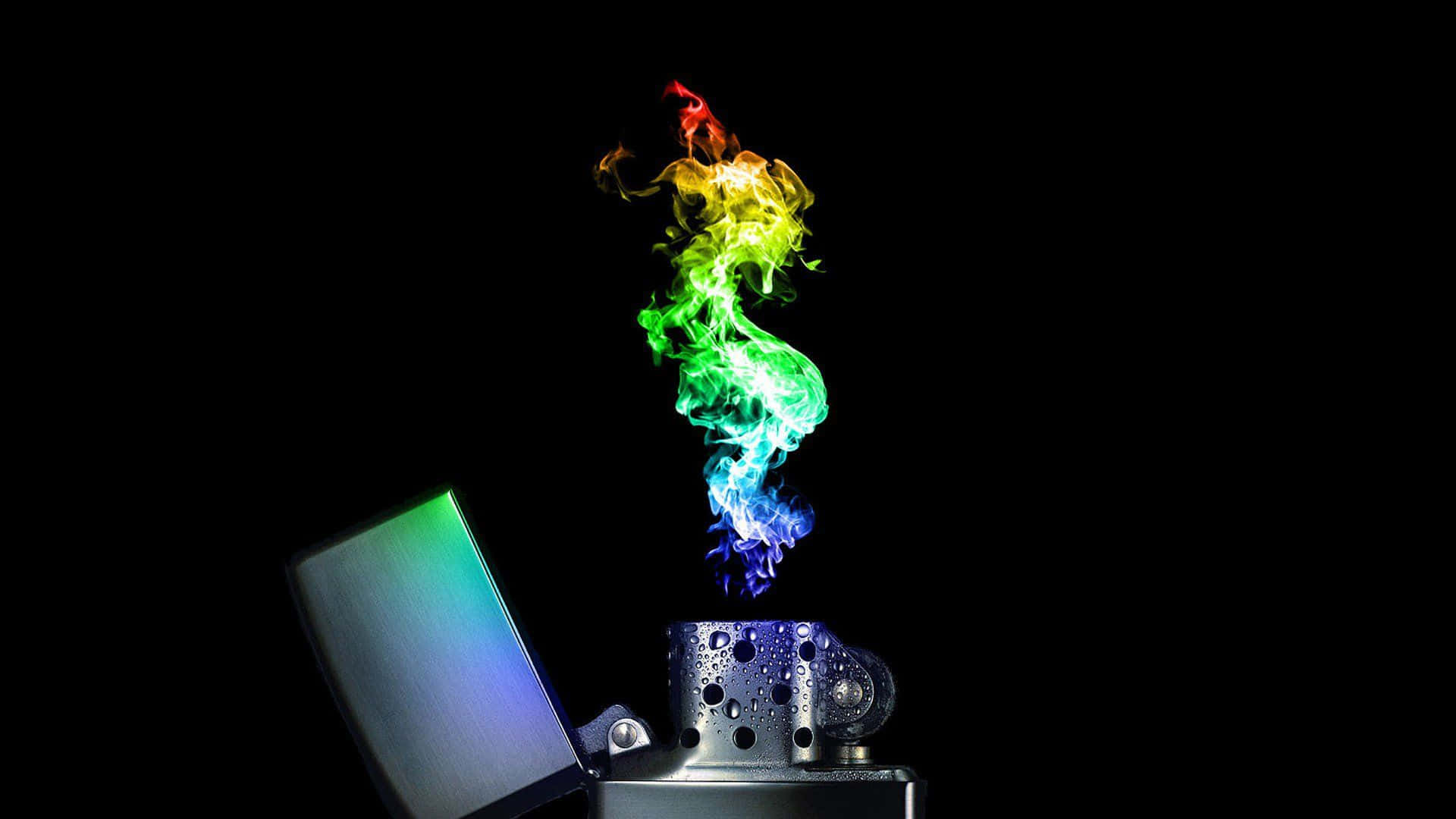 高畫質OLED打火機火焰背景 壁紙 — 一個金屬打火機在純黑背景下噴出鮮豔的彩虹色煙霧螺旋。