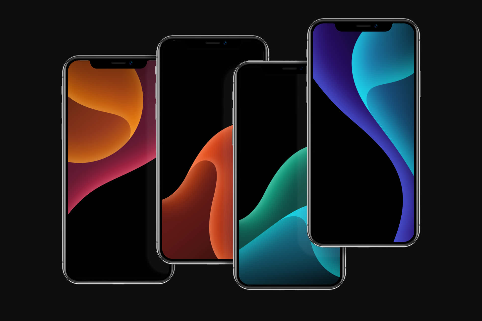 OLED 的迷人色彩調配 壁紙 — 四部智能手機在黑色背景上展示充滿活力的抽象壁紙。