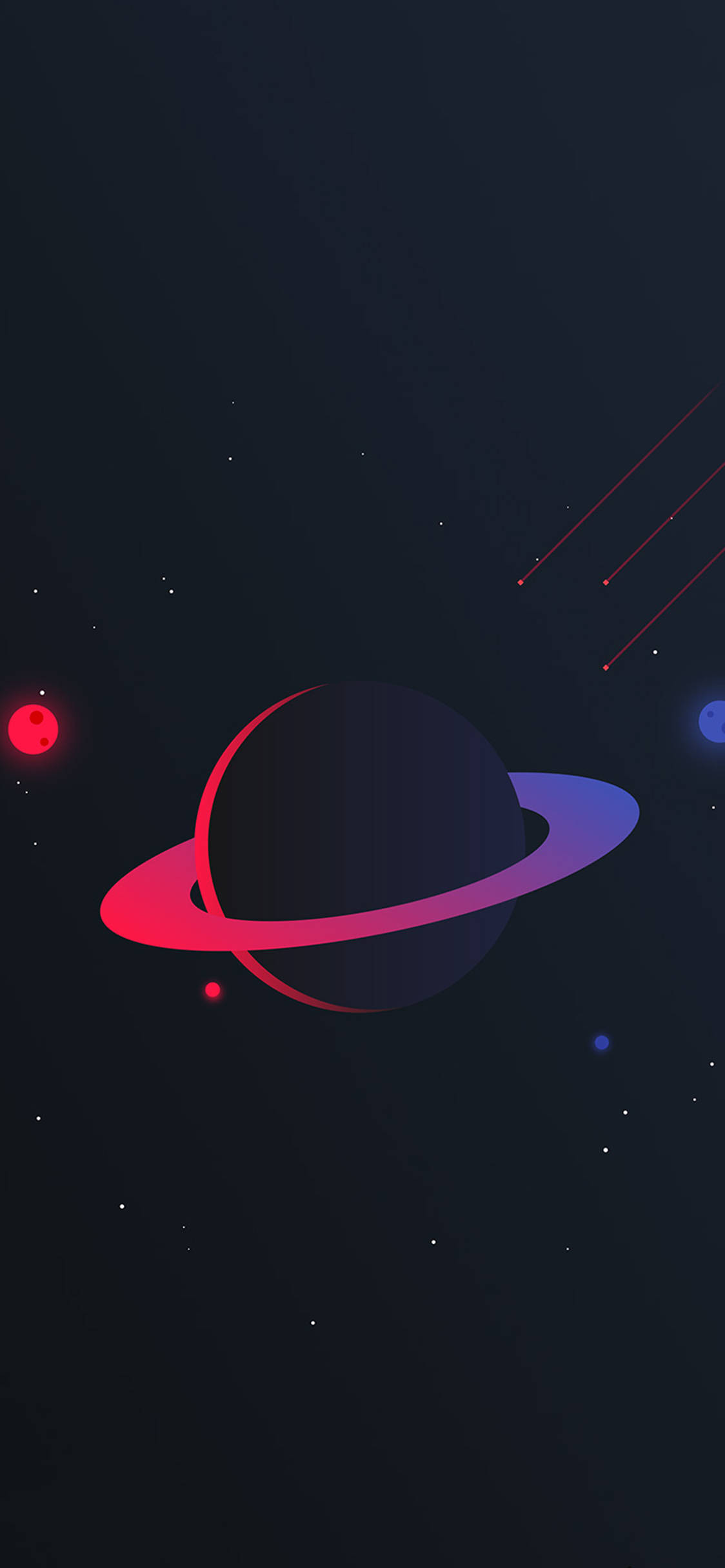 OLED Pink Planet 壁紙 — 一顆帶有發光粉紅色和藍色光環的風格化行星，在點綴著星星和流星的黑暗宇宙虛空中運行。