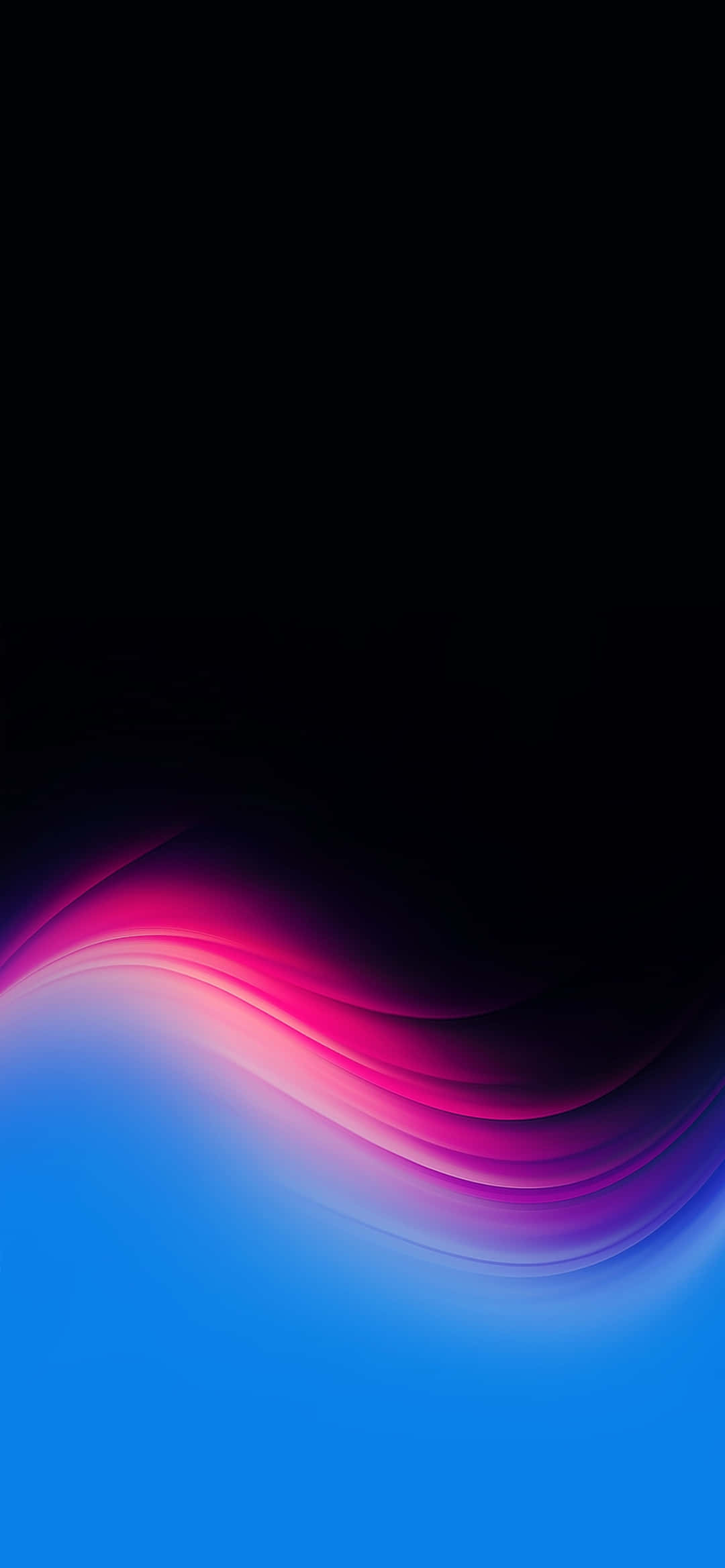 體驗 OLED 技術帶來的視覺之美 壁紙 — 充滿活力的粉紅色和藍色發光波紋在深色背景上流動，呈現出時尚的數碼抽象設計。