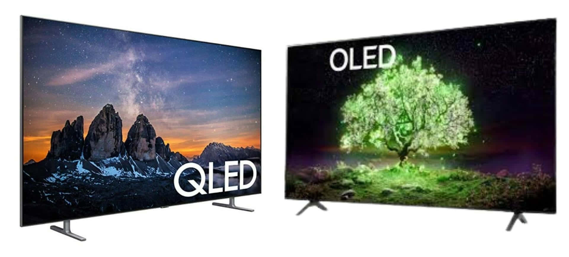 OLED 與 QLED 圖 壁紙 — 兩部現代電視並排放置，顯示生動的山脈和發光的樹木場景，帶有「QLED」和「OLED」標籤。