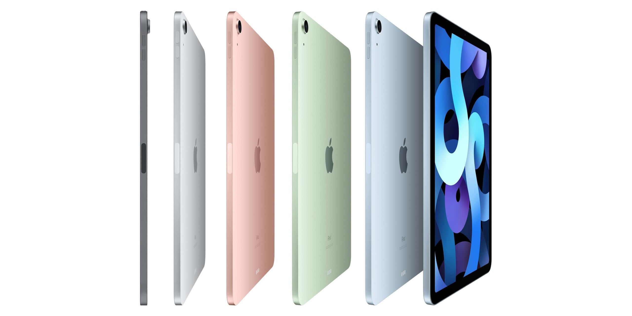 OLED螢幕上的迷人夜景 壁紙 — 五部 Apple iPad Air 平板電腦，顏色包括銀色、玫瑰金色、綠色、藍色和太空灰色，以側面展示，其中一部顯示色彩繽紛的抽象牆紙。