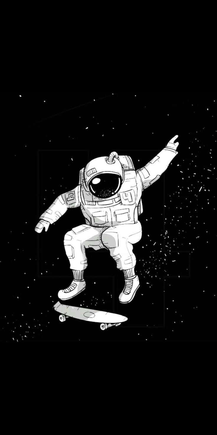 Ollie過欄杆 壁紙 — 一位單色線條藝術太空人踩著滑板穿過滿天星斗的虛空，一隻手臂舉起做出動作。