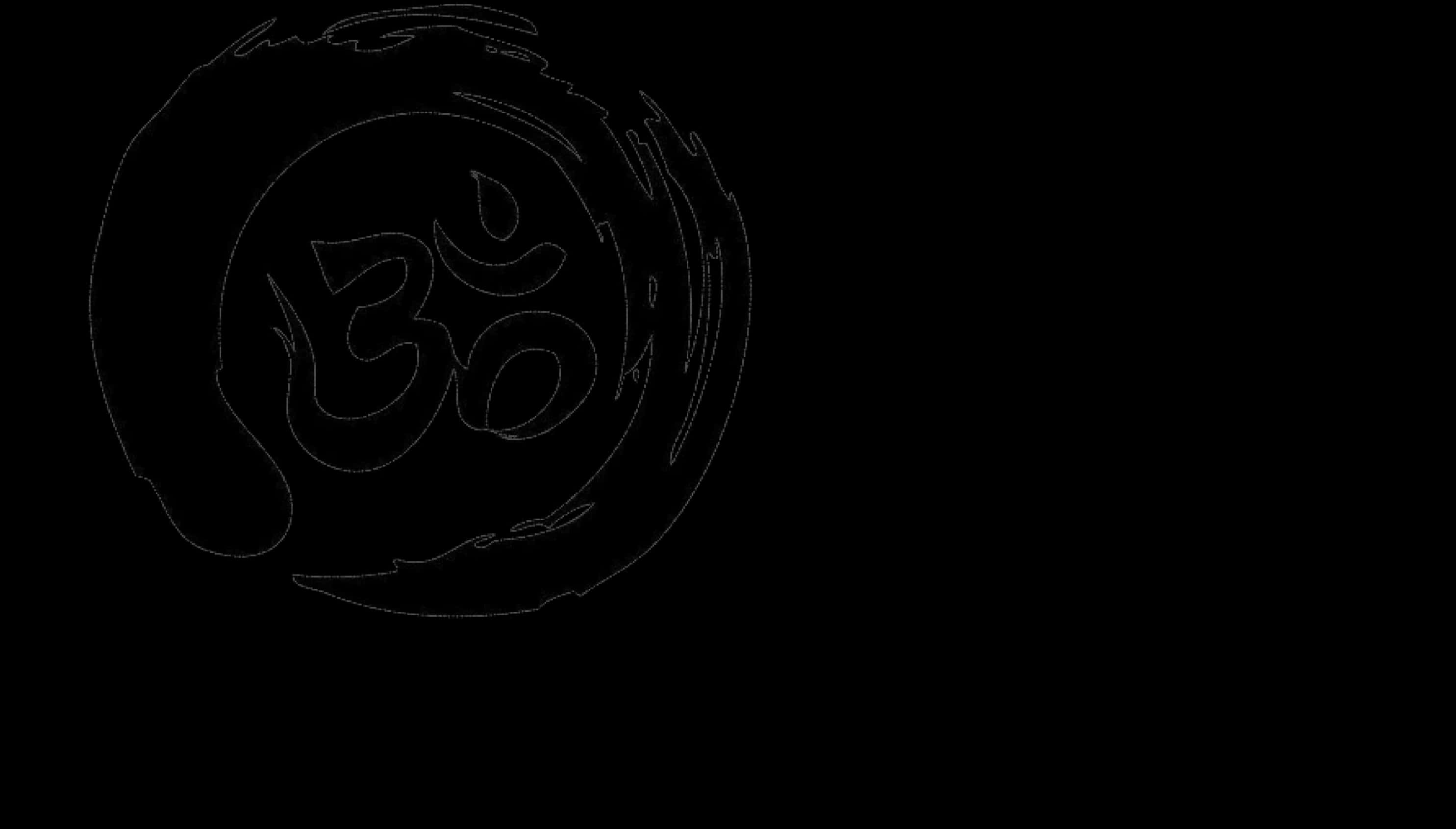 Om符號素描藝術 壁紙 — 黑色背景上圓形漩渦中嘅白色簡約線條 Om 符號繪圖。