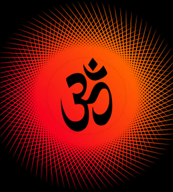 Om 符號放射光暈 壁紙 — 一個發光的黑色Om符號在熾熱橙色漸變光環的中心跳動，背景為純黑色。