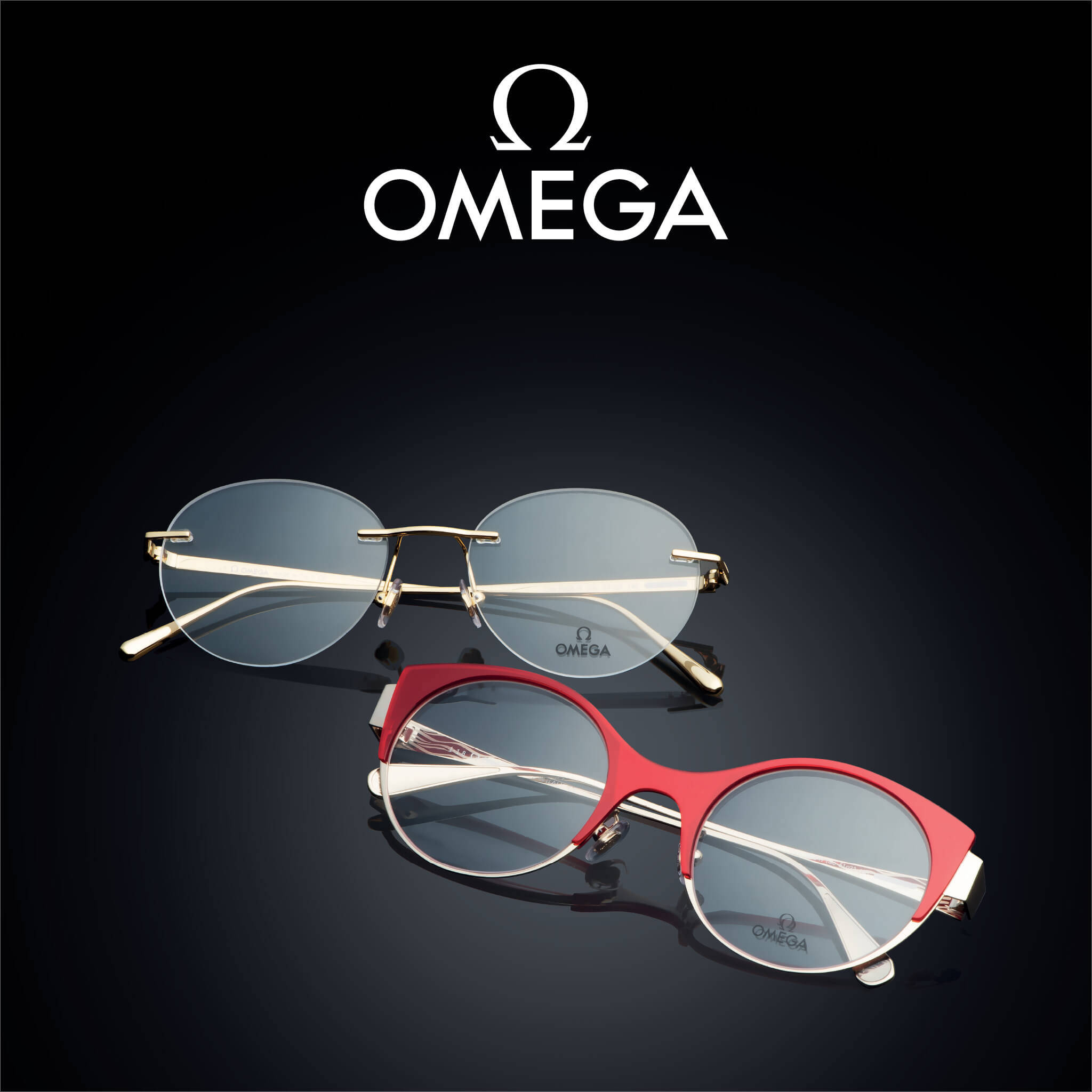 Omega無框與紅框太陽眼鏡 壁紙 — 兩副時尚的OMEGA眼鏡，金色和紅色鏡框，在工作室燈光下放在深色反光表面上。