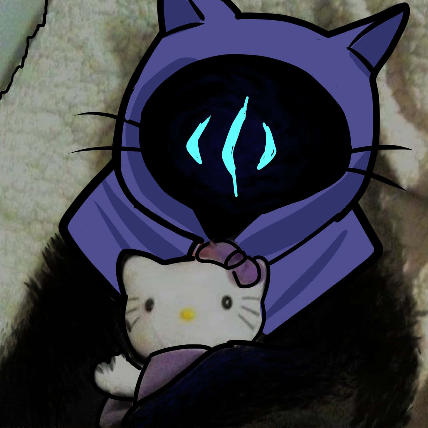 Omen穿貓裝持Hello Kitty娃娃隨機頭像 壁紙 — 一個深紫色連帽身影，帶有發光的青色眼睛，懷抱著一個白色Hello Kitty毛絨玩具，靠著紋理石牆。