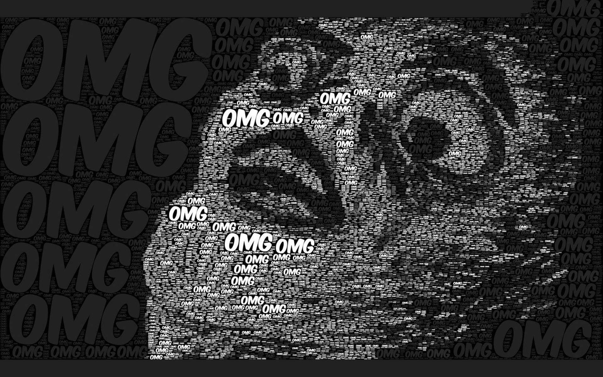 OMG 面部搞笑迷因 壁紙 — 一個由重複嘅「OMG」文字以不同大小同密度組成嘅單色驚訝面孔肖像。