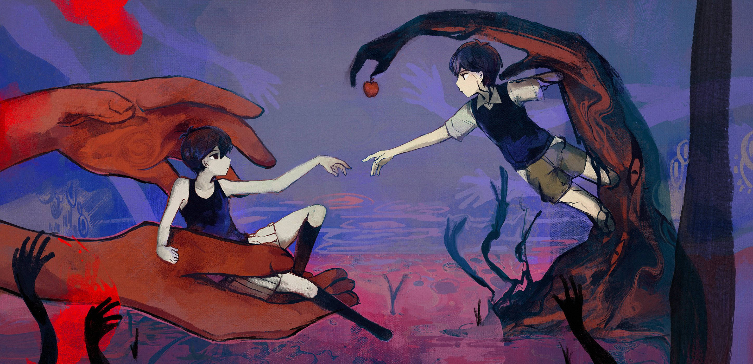 Omori 重現「創世記」畫作 壁紙 — 兩個動漫風格的人物在暮色天空下，穿過一個超現實的景觀，有巨大的手和漂浮的蘋果，彼此伸手。