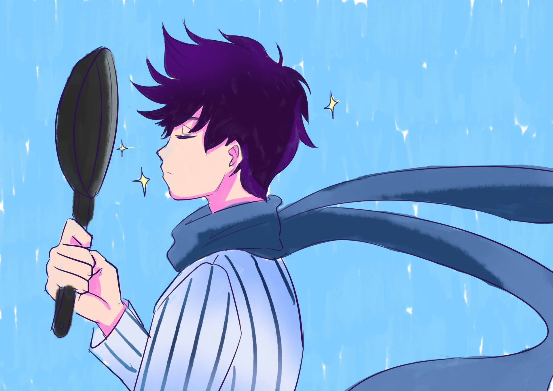 紫發動漫男孩在雨中拿著平底鍋。