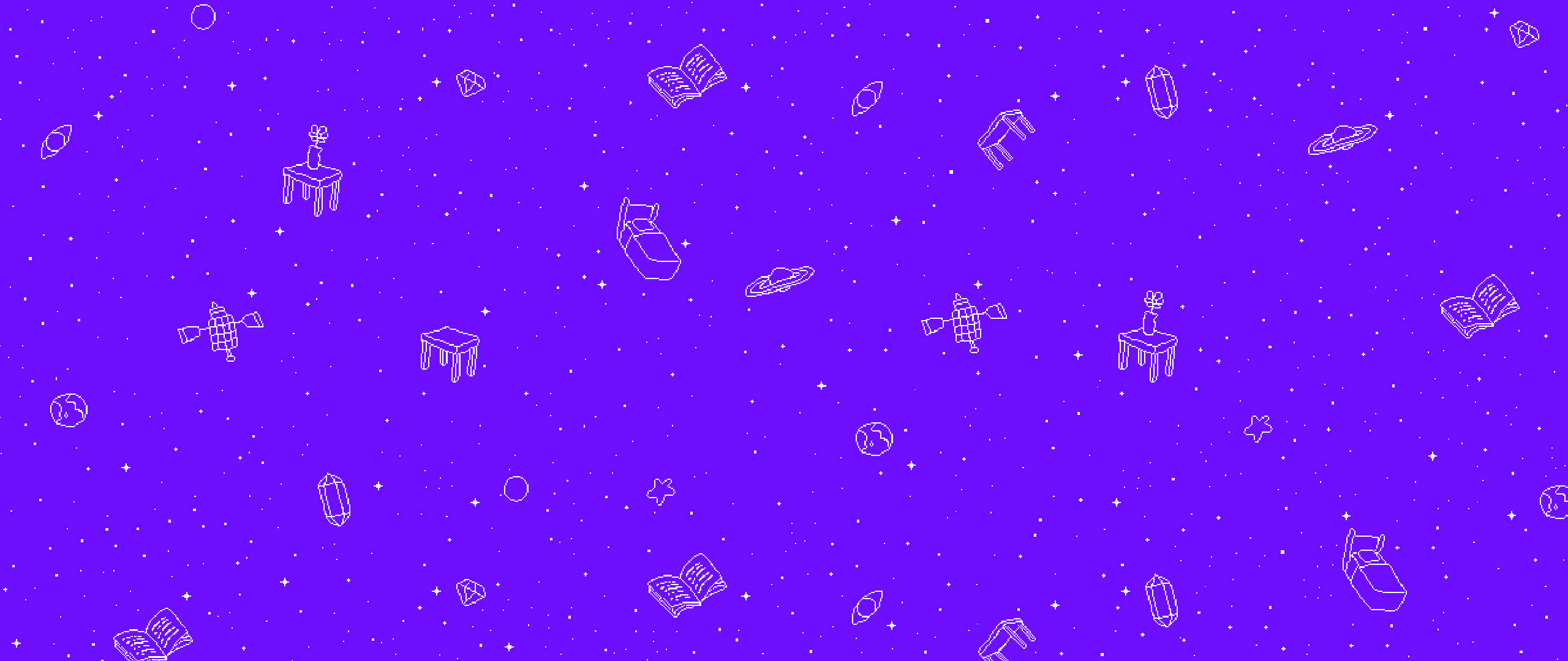 Omori 另一世界 壁紙 — 紫色宇宙背景，白色線條繪製的家具和書籍漂浮在星星之間。
