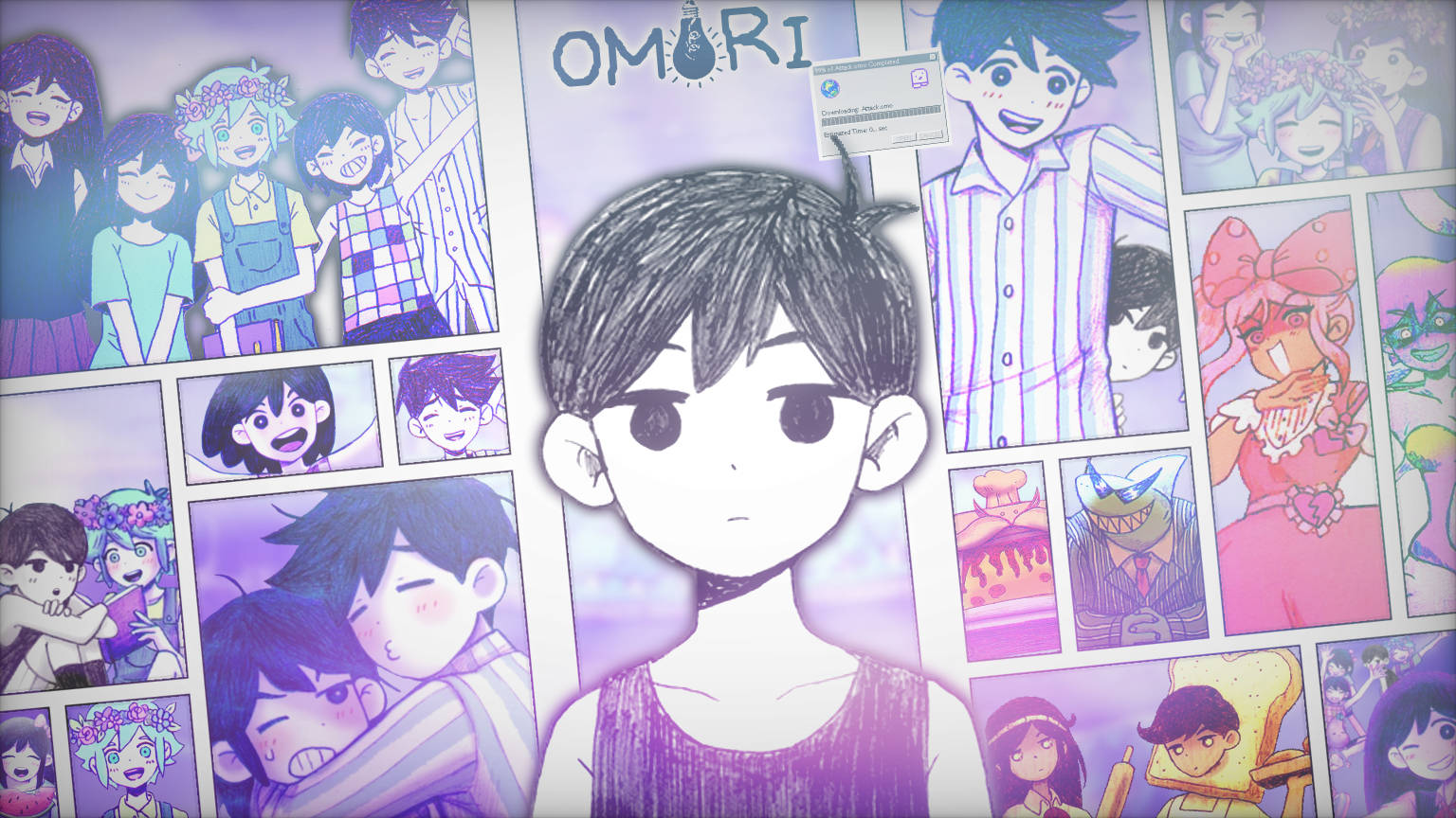 動漫男孩在 Omori 遊戲的漫畫面板前，紫色燈光