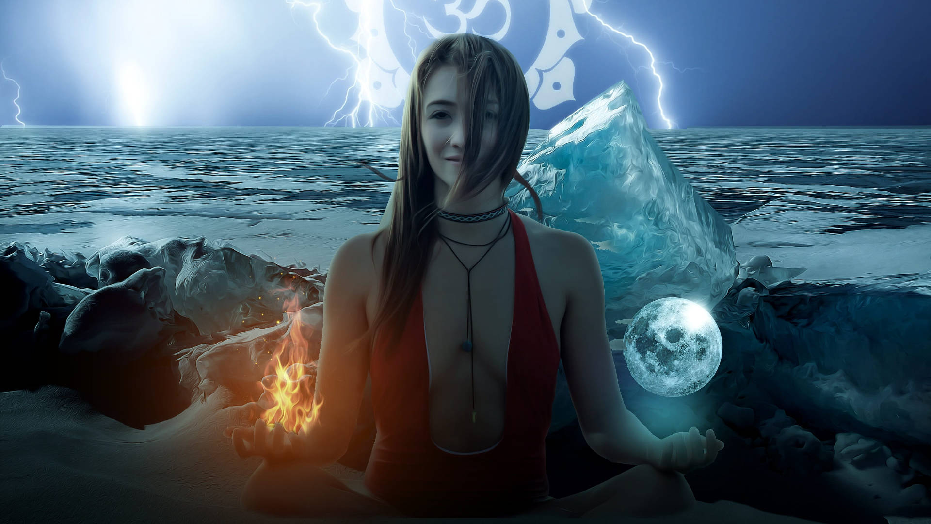 女人喺沙灘冥想，手持火焰同月光，喺閃電暴風雨下。