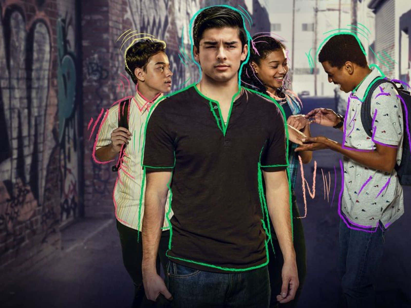 《On My Block》粉絲藝術作品 壁紙 — 四個青少年在塗鴉小巷中以霓虹色勾勒出輪廓，周圍有發光的能量線條。