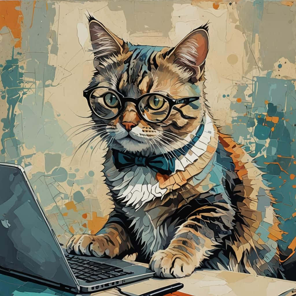  壁紙 — 一隻戴眼鏡和領結的時尚虎斑貓在紋理抽象背景前用筆記本電腦打字。