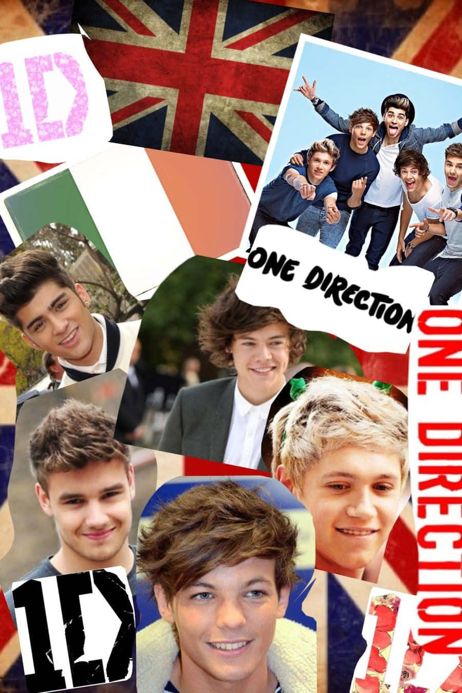 One Direction 英國國旗拼貼 iPhone 壁紙 — 一幅充滿活力的One Direction樂隊成員拼貼畫，帶有英國國旗和「1D」標誌，採用粉絲自製的牆紙風格。