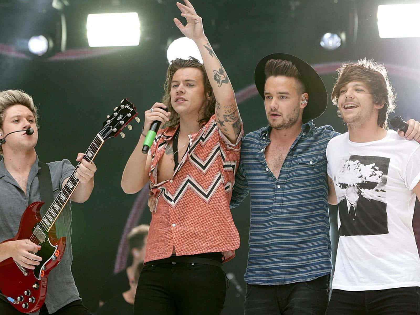 One Direction 桌布 壁紙 — One Direction 在明亮的舞台燈光下，帶著結他和咪高峰充滿活力地表演。