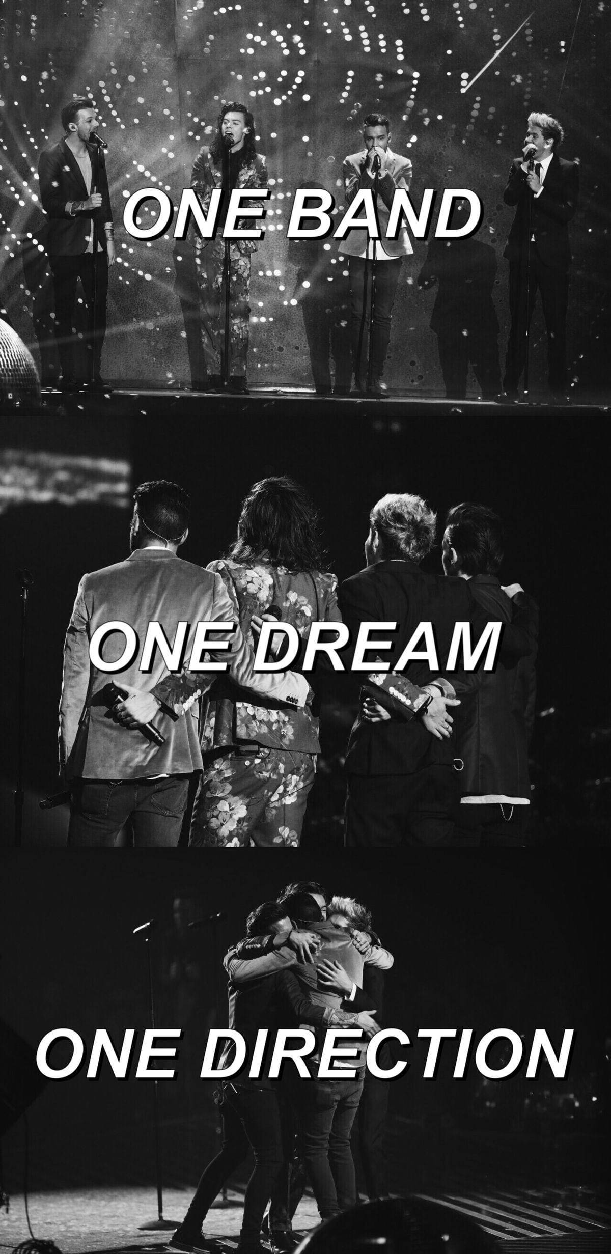 One Direction Aesthetic 桌布 壁紙 — One Direction 在明亮舞台燈光下表演和擁抱的黑白照片。