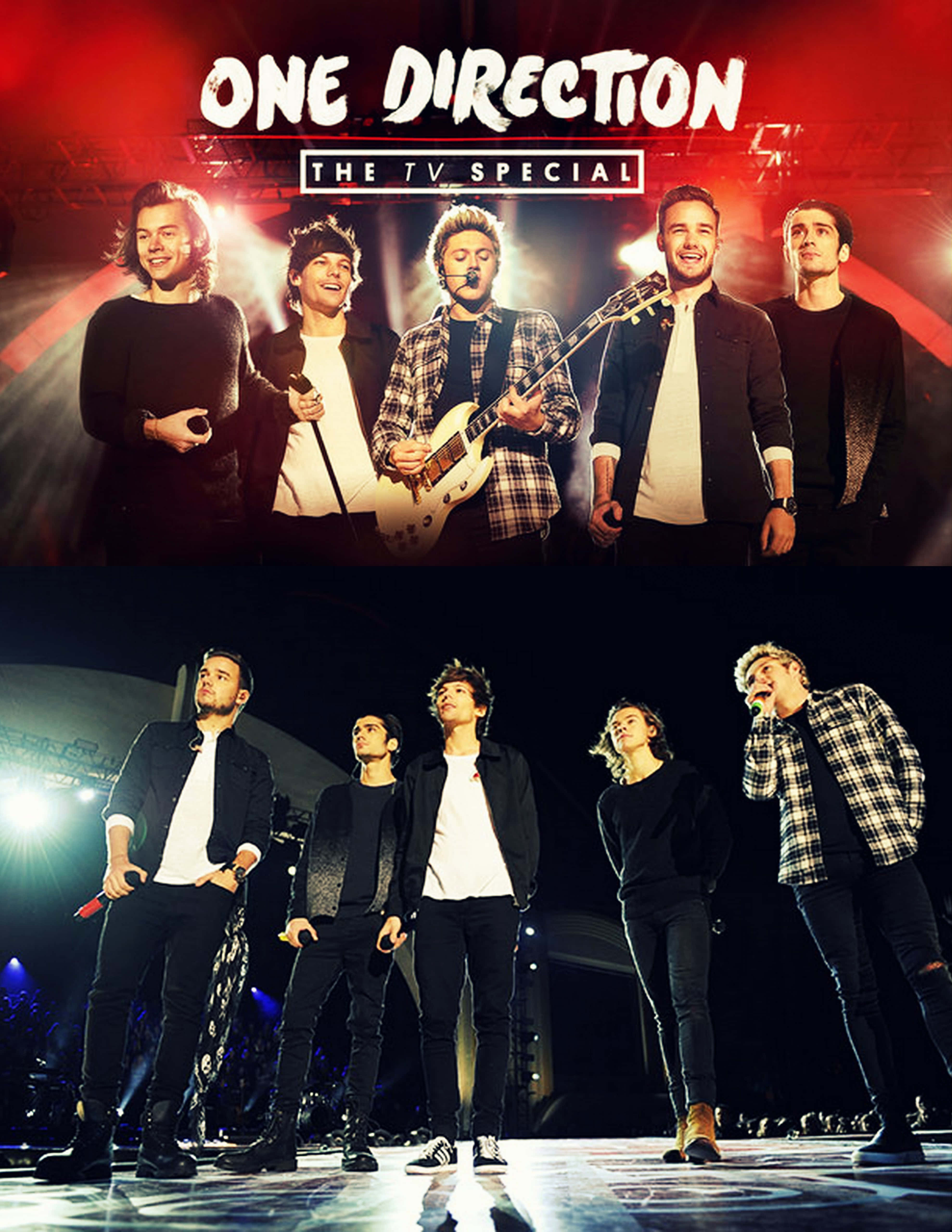 One Direction 桌布 壁紙 — One Direction 在燈光璀璨的舞台上充滿活力地表演，紅色燈光和聚光燈凸顯樂隊成員。