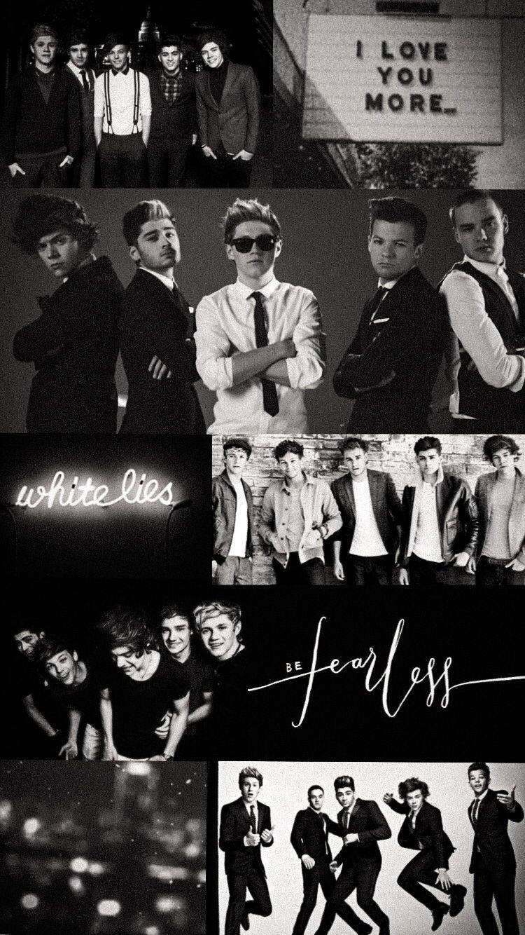 One Direction Aesthetic 桌布 壁紙 — One Direction 樂隊的黑白拼貼畫，展示各種姿勢和場景，並帶有文字疊加。