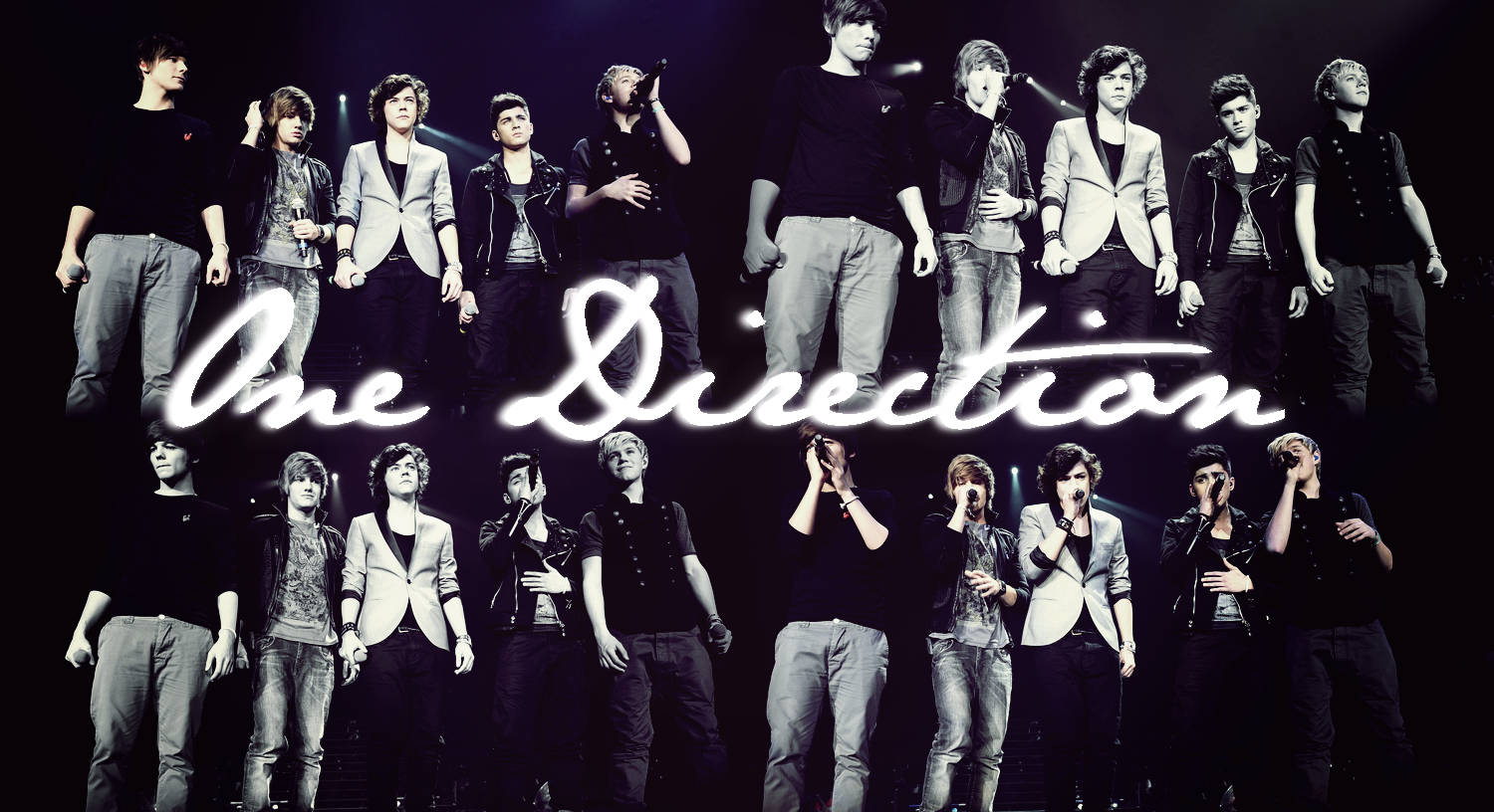 One Direction Aesthetic 桌布 壁紙 — One Direction 樂隊成員以黑白風格在舞台上擺姿勢，帶有發光標誌疊加效果。