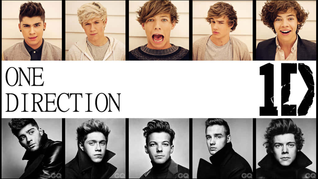 One Direction 樂隊成員的彩色和黑白肖像，表情豐富。