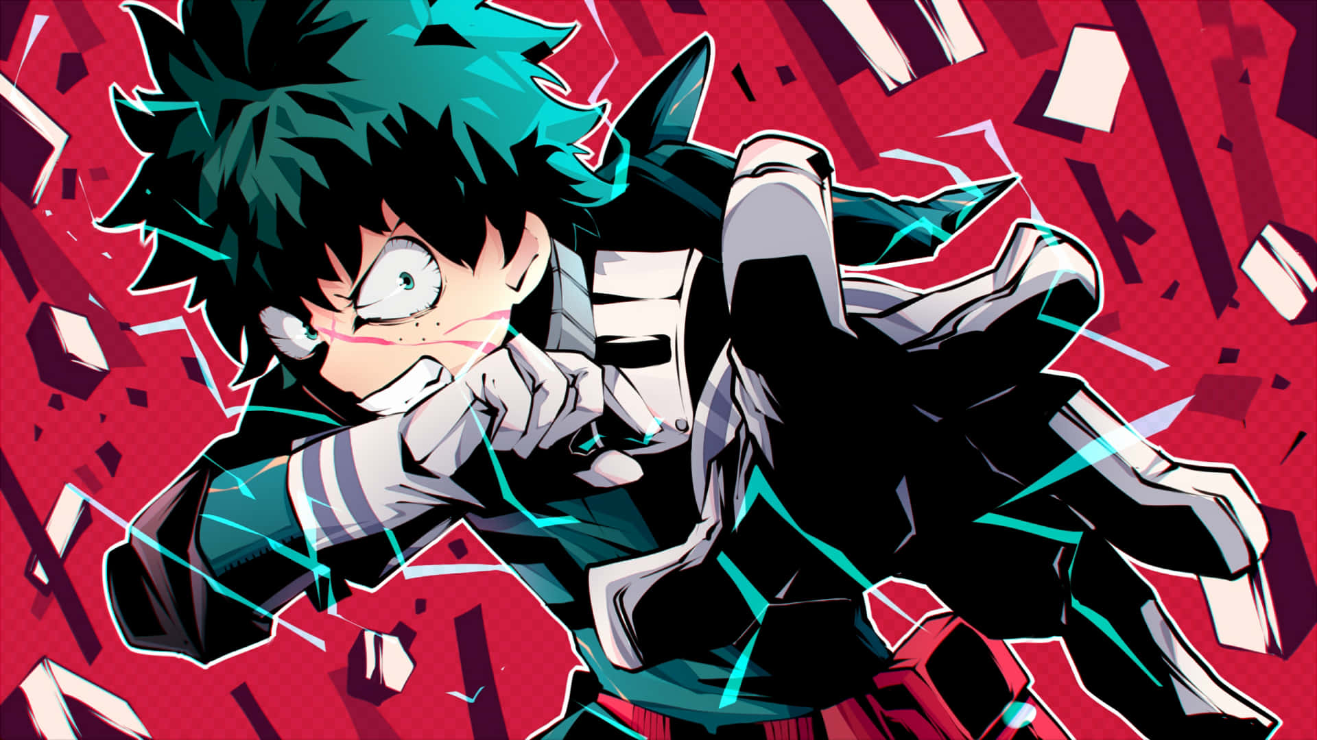 One For All 能力 Deku 風格 壁紙 — 一個充滿動感的動漫角色，擁有尖刺的綠色頭髮和發光的眼睛，對著破碎的紅色背景向前出拳。