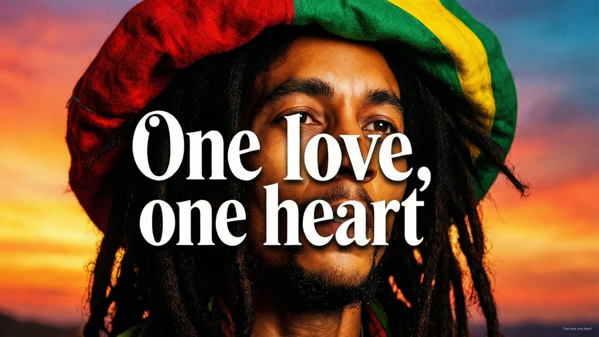 留著辮子、戴著彩色貝雷帽的男人仰望日落，文字 one love one heart