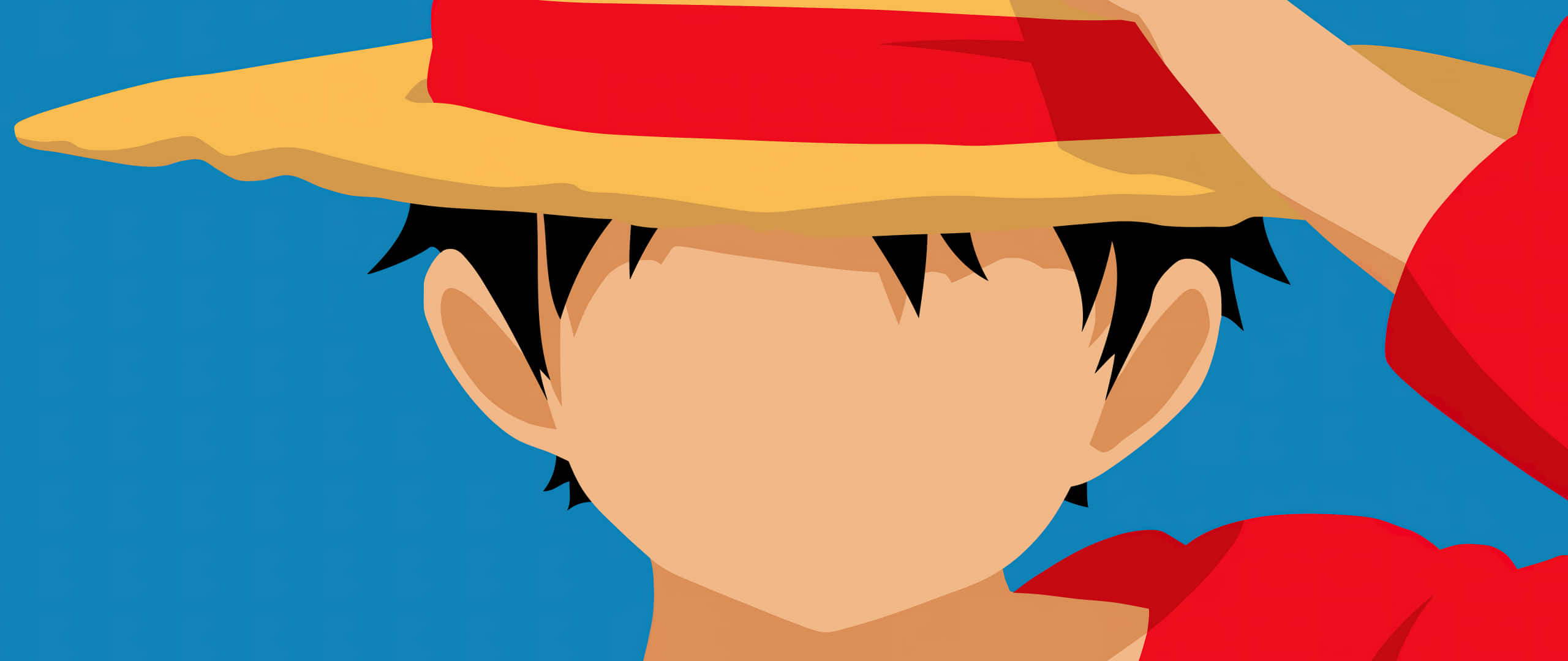 One Piece 海賊王路飛簡約插畫 壁紙 — 一個風格化的動漫角色，擁有黑色刺蝟頭和紅黃色草帽，背景為純藍色。