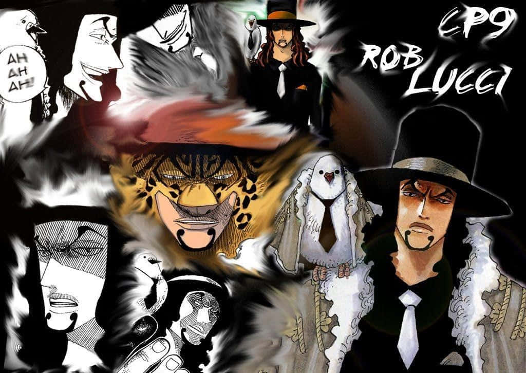 Rob Lucci 桌布 壁紙 — 《One Piece》CP9 特工嘅動態動畫拼貼，帶有戲劇性表情同大膽黑白藝術風格。