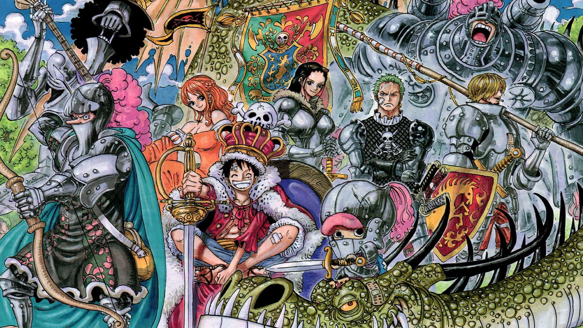  壁紙 — 一幅充滿活力的動漫插圖，描繪了《ONE PIECE》船員穿著精細盔甲，在夢幻背景前英勇擺出姿勢。