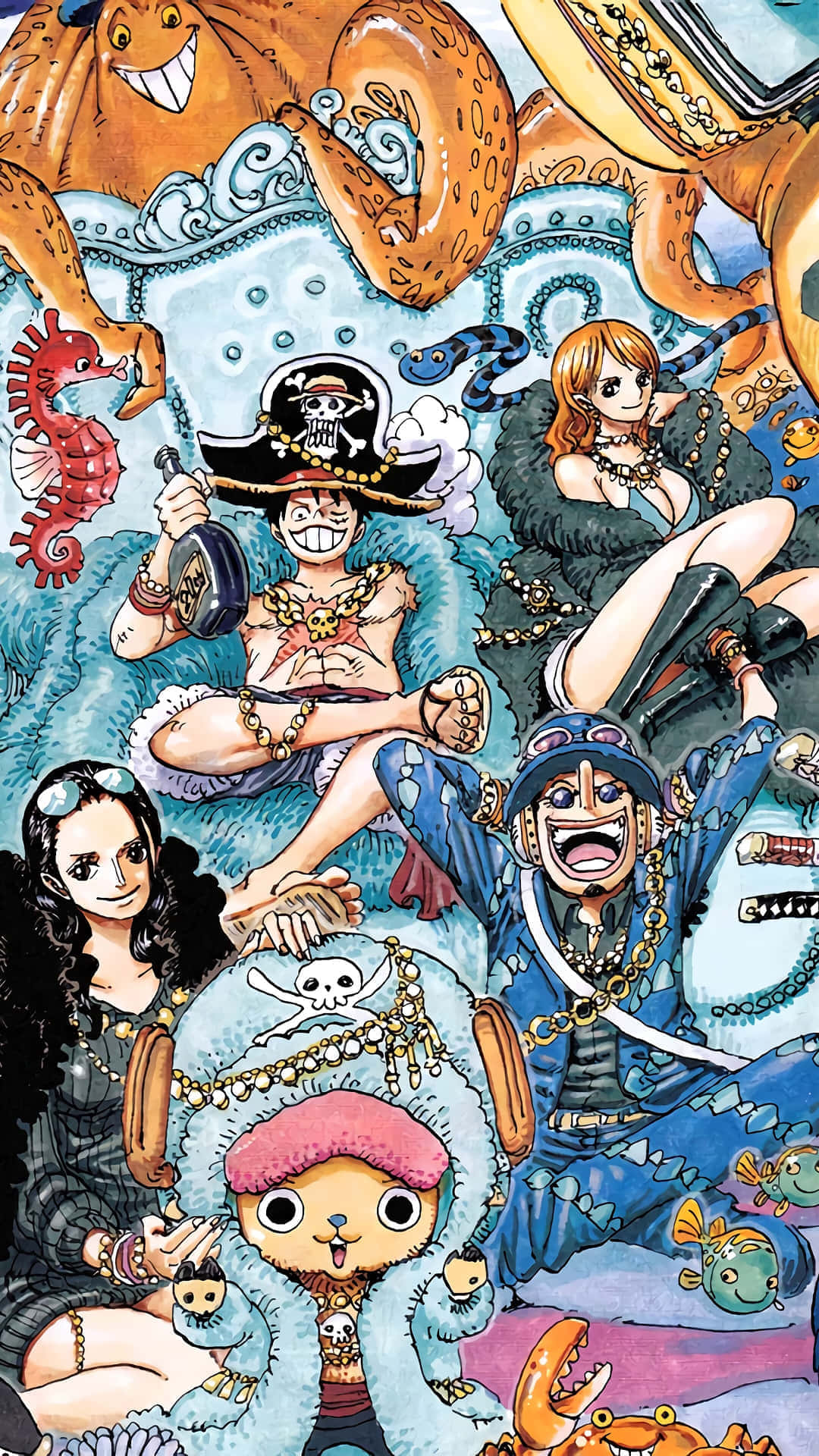 One Piece Christmas 桌布 壁紙 — 一幅色彩繽紛的水下場景中，One Piece船員們在巨型章魚上放鬆的動漫插圖。