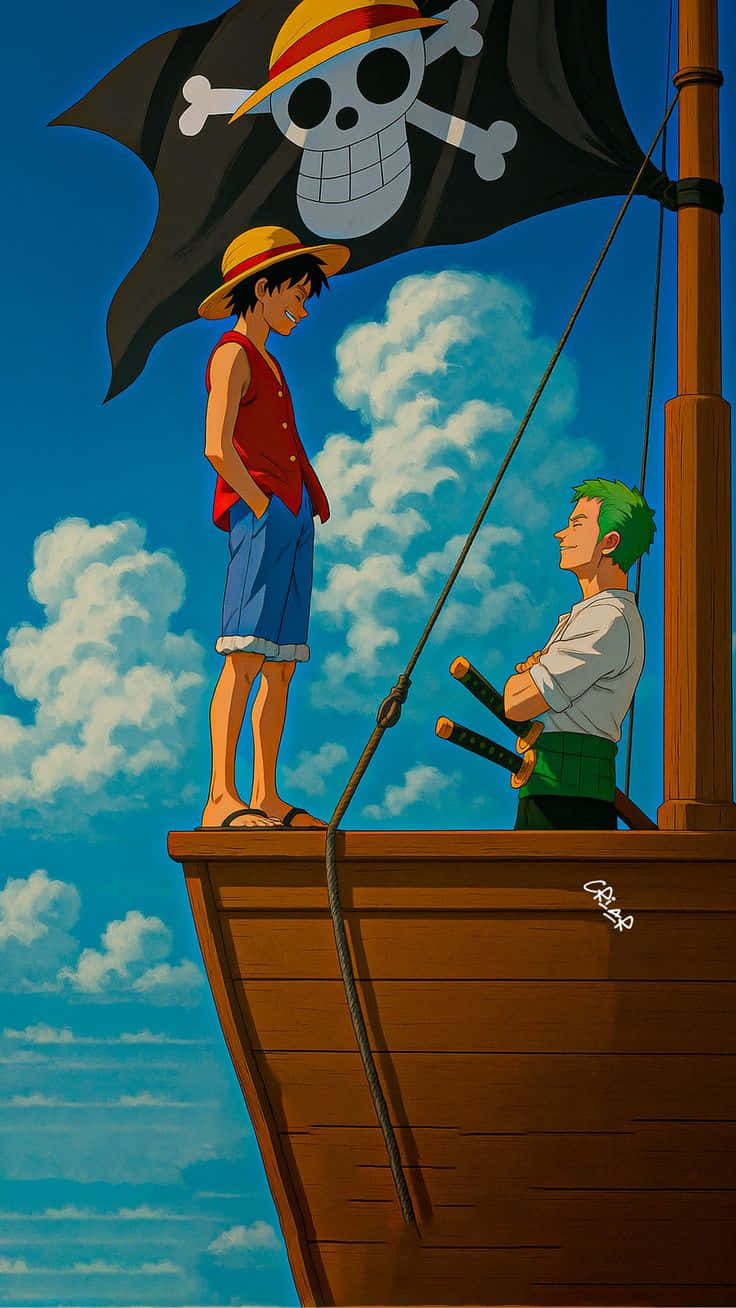 one piece 壁紙 — 兩個動漫海盜站在船頭，頭頂骷髏旗，背景是晴朗的藍天和蓬鬆的白雲。