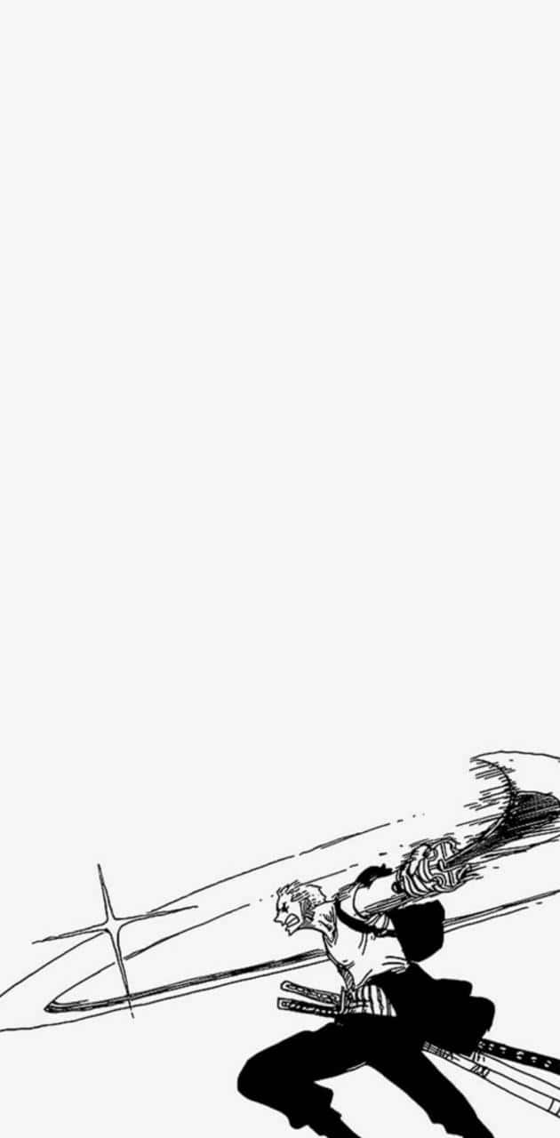 《ONE PIECE》惡名昭彰的海賊團探索新島 壁紙 — 一個動態的黑白動漫戰士在純白背景前揮劍向前斬擊。