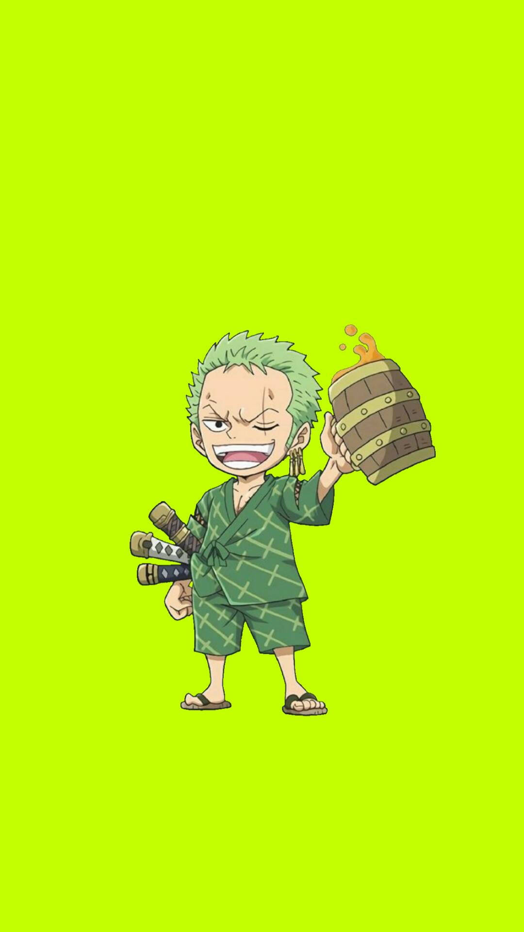 Chibi Zoro拎住一個燃燒嘅桶同三把劍，笑住。