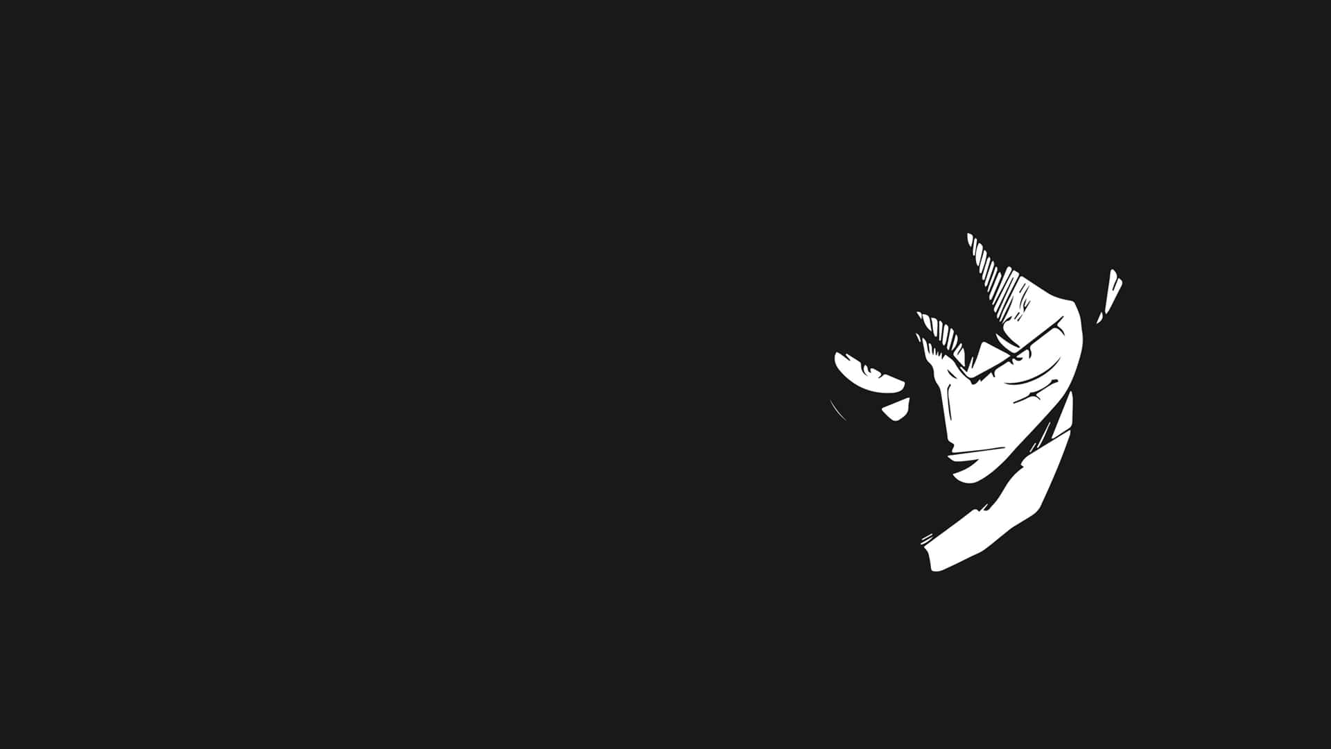 One Piece 黑白簡約路飛頭像 壁紙 — 一個銳利的白色風格化動漫面孔，帶有強烈的眼睛和銳利的線條，從純黑色背景中浮現。