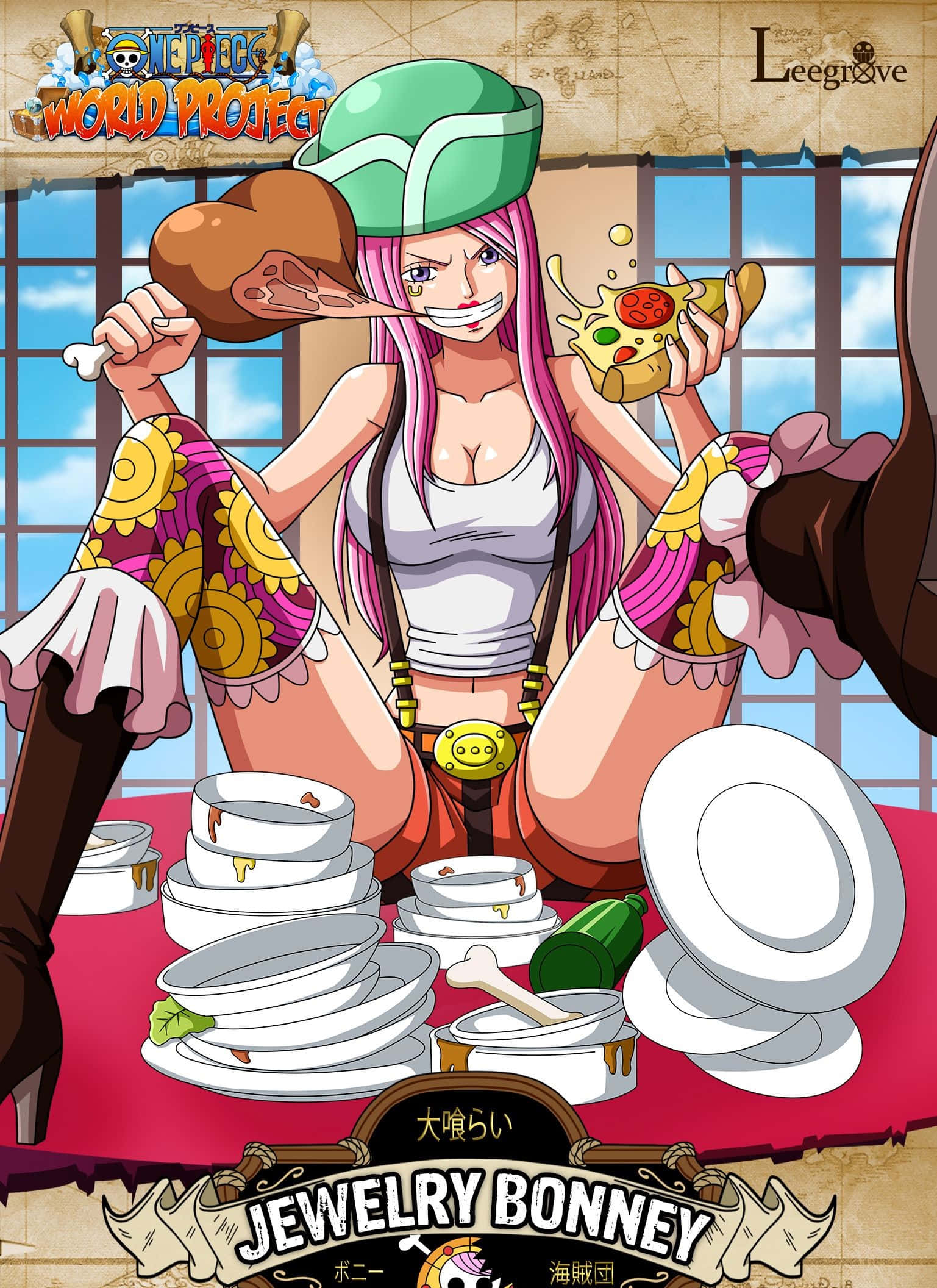 Jewelry Bonney 桌布 壁紙 — 《One Piece World Project》中的珠寶·波妮在翻倒的碟子堆中開心地吃著巨大的雞腿和薄餅。