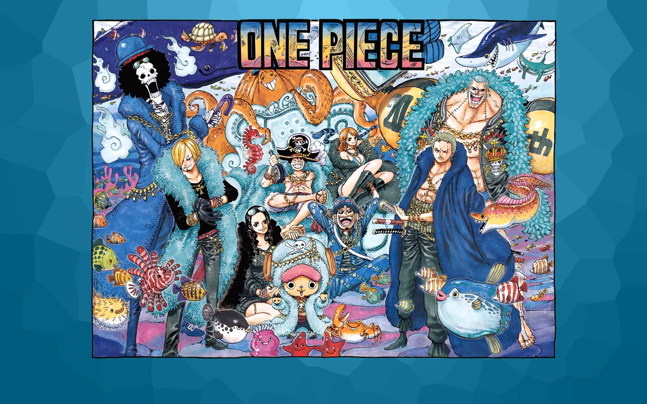 East Blue 桌布 壁紙 — 《One Piece》中充滿活力的動漫角色，在藍色幾何背景上與色彩繽紛的海洋生物和海盜圖案聚集在一起。